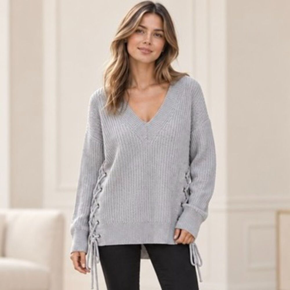 rag & bone Merino Wool Lace-Up Side Sweater Gray Small Oversized High Low